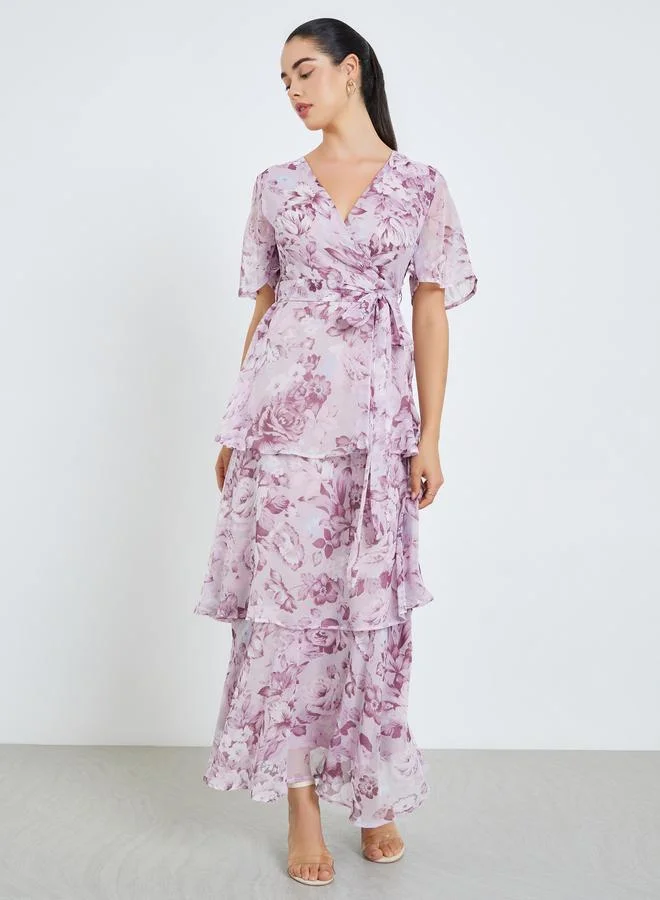 Styli Women Pink Floral Print Wrap Tiered Maxi Dress